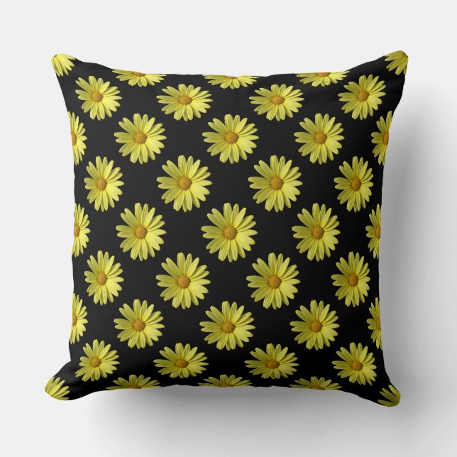 Daisy Pattern - Full Colour on Black Throw Pillow (Front)