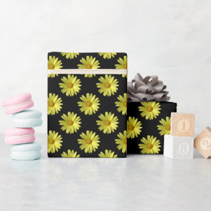 Daisy Pattern - Full Colour on Black Wrapping Paper
