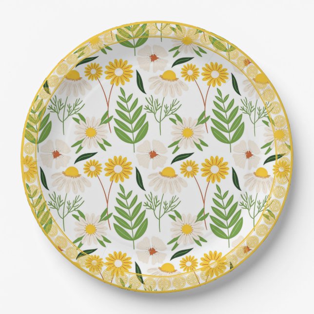 Daisy Pattern, Golden Trim, Paper Plate (Front)