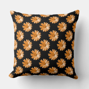 Daisy Pattern - Light Orange on Black Throw Pillow