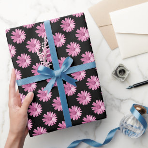 Daisy Pattern - Pink on Black Wrapping Paper