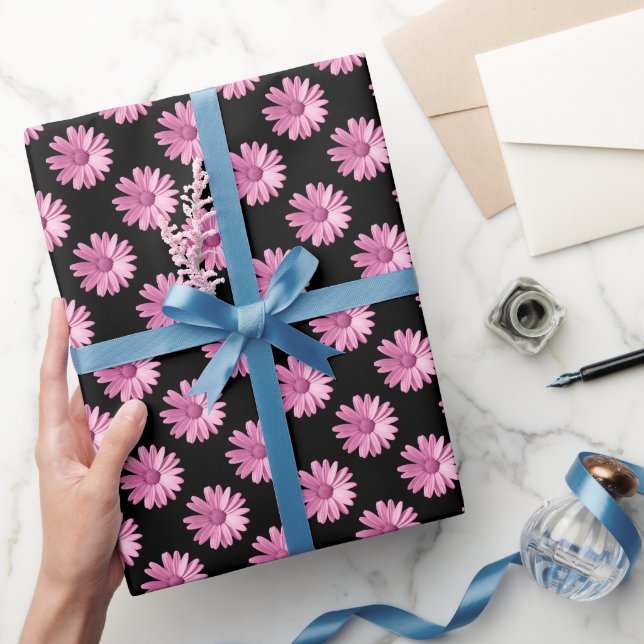 Daisy Pattern - Pink on Black Wrapping Paper (Gifting)