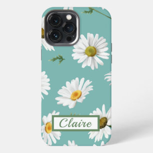 Daisy Pattern, Teal Background, Personalized iPhone 13 Pro Max Case