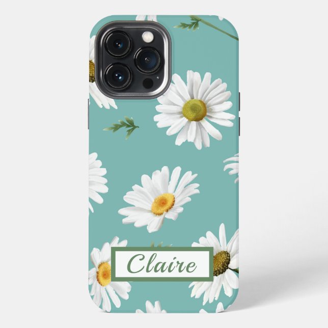 Daisy Pattern, Teal Background, Personalized iPhone Case (Back)