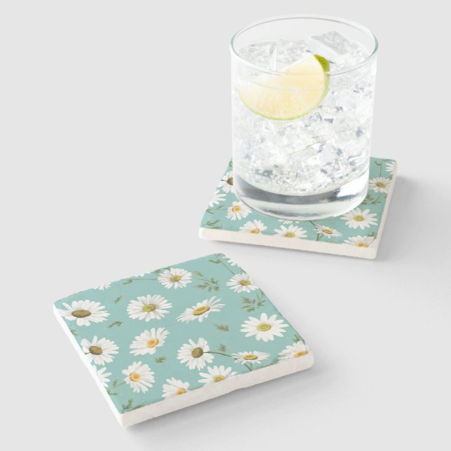 Daisy Pattern, Teal Background Stone Coaster (Side)