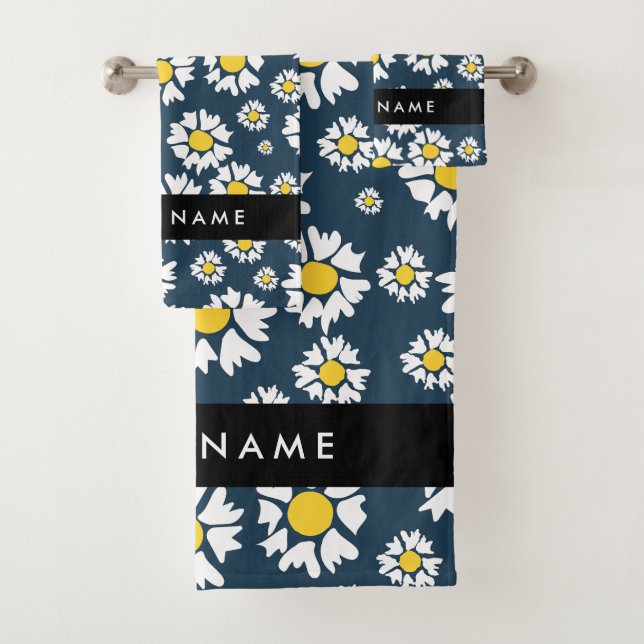 Daisy Pattern, White Daisies, Your Name Bath Towel Set (Insitu)