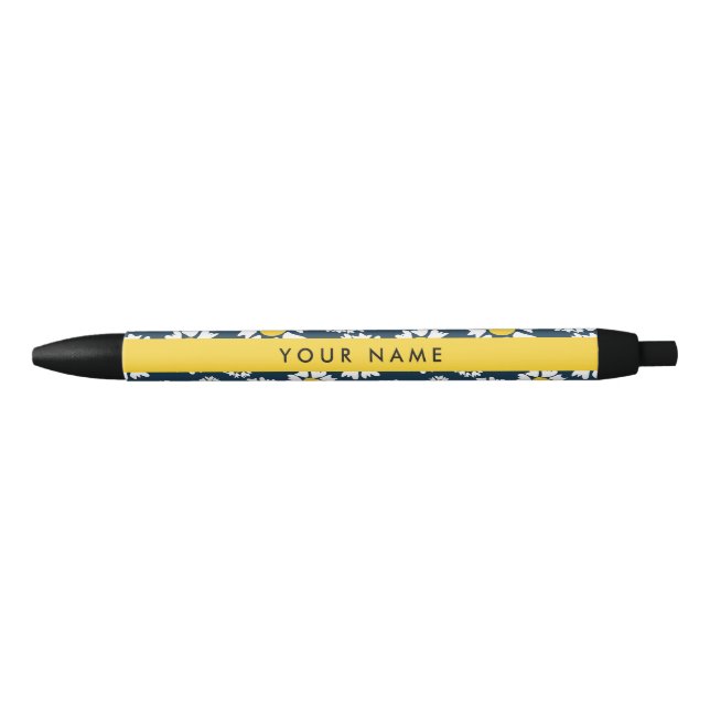 Daisy Pattern, White Daisies, Your Name Black Ink Pen (Front)