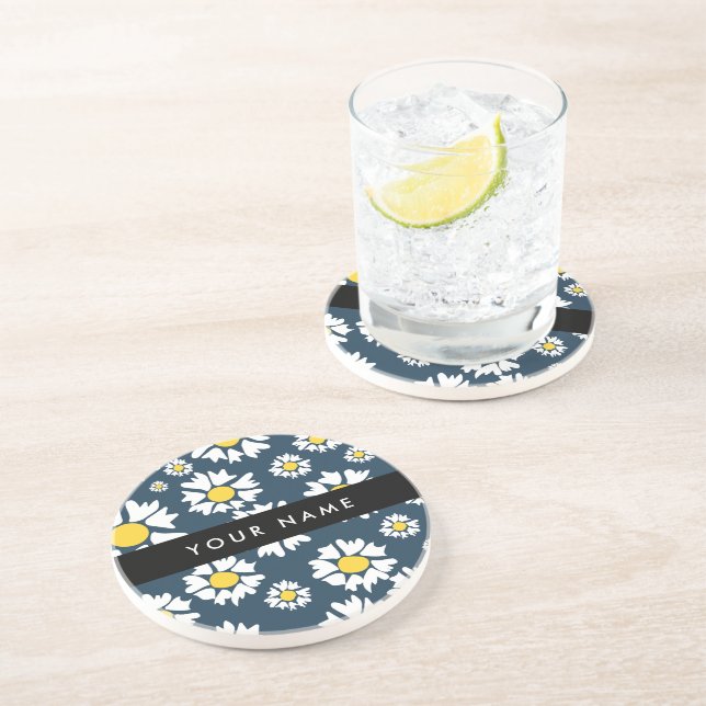 Daisy Pattern, White Daisies, Your Name Coaster (Side)