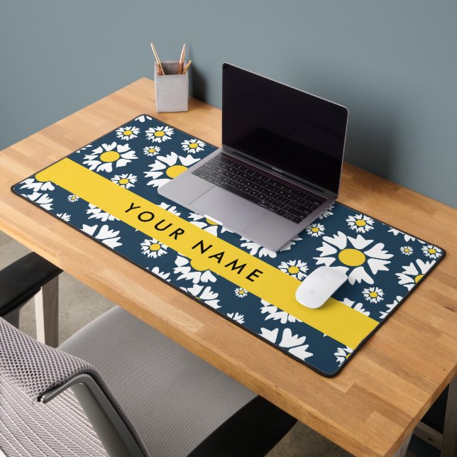 Daisy Pattern, White Daisies, Your Name Desk Mat (Office 2)