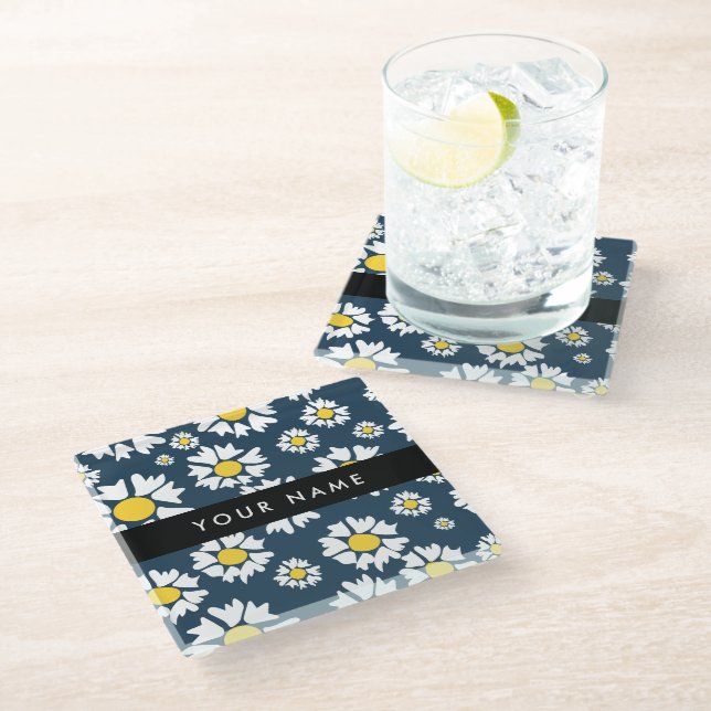 Daisy Pattern, White Daisies, Your Name Glass Coaster (Angled)