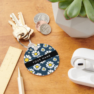Daisy Pattern, White Daisies, Your Name Keychain