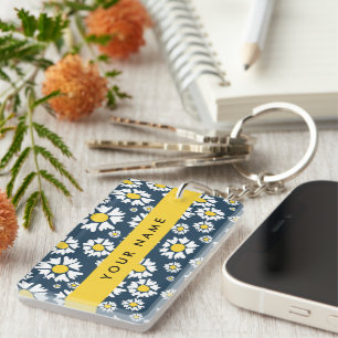 Daisy Pattern, White Daisies, Your Name Keychain