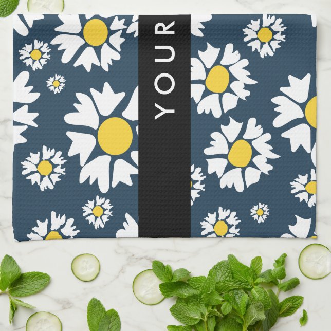 Daisy Pattern, White Daisies, Your Name Kitchen Towel (Folded)