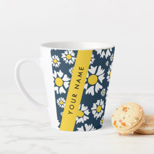Daisy Pattern, White Daisies, Your Name Latte Mug