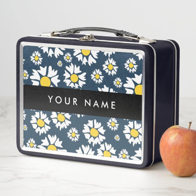 Daisy Pattern, White Daisies, Your Name Metal Lunch Box (In Situ)