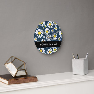 Daisy Pattern, White Daisies, Your Name Round Clock