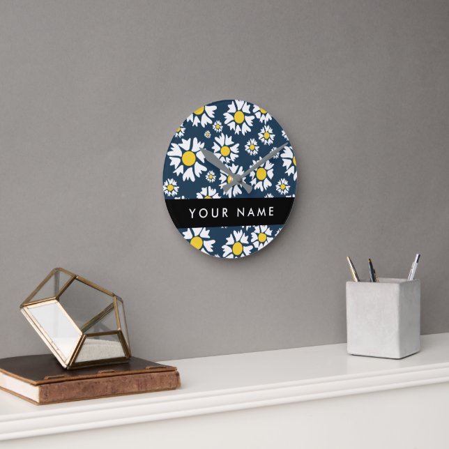 Daisy Pattern, White Daisies, Your Name Round Clock (Office)