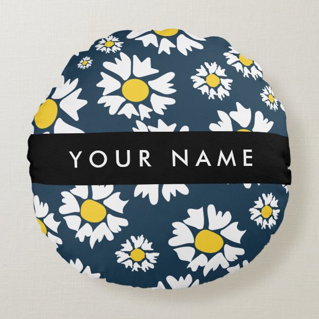 Daisy Pattern, White Daisies, Your Name Round Pillow (Front)