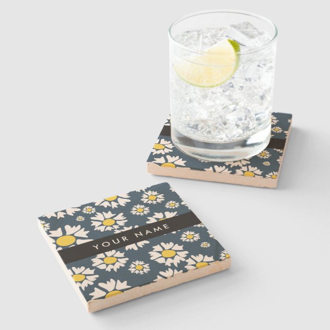 Daisy Pattern, White Daisies, Your Name Stone Coaster (Side)