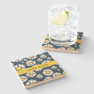 Daisy Pattern, White Daisies, Your Name Stone Coaster