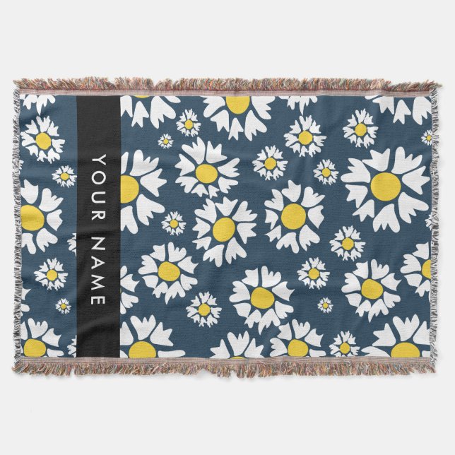 Daisy Pattern, White Daisies, Your Name Throw Blanket (Front)