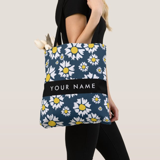 Daisy Pattern, White Daisies, Your Name Tote Bag (Close Up)