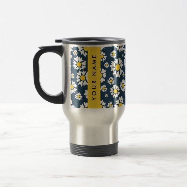 Daisy Pattern, White Daisies, Your Name Travel Mug (Left)