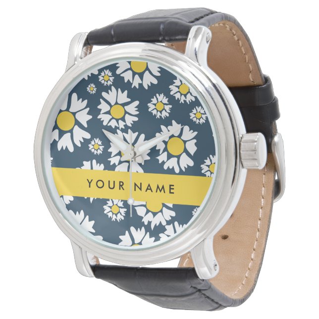 Daisy Pattern, White Daisies, Your Name Watch (Angled)