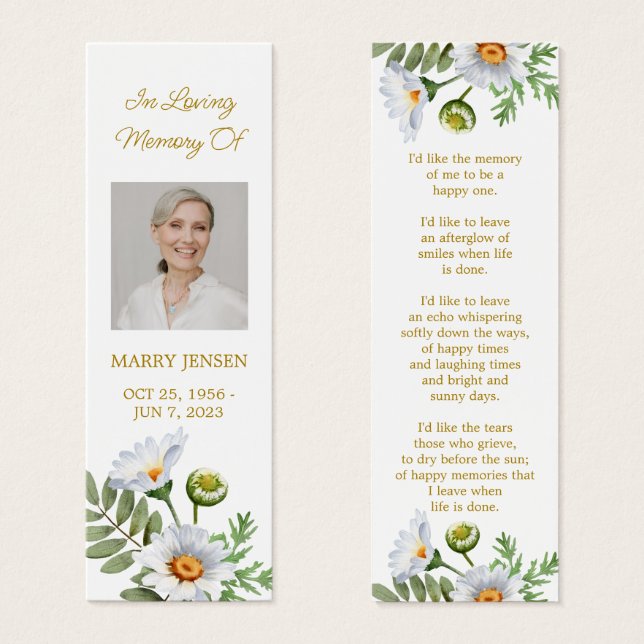 Daisy Photo Funeral Memorial Bookmark (Devant & derrière)