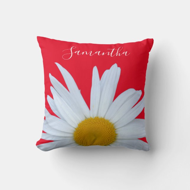Daisy Photo Red Elegant White Script Throw Pillow (Front)