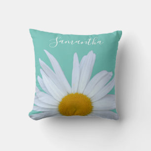 Daisy Photo Teal Green Elegant White Script Throw Pillow