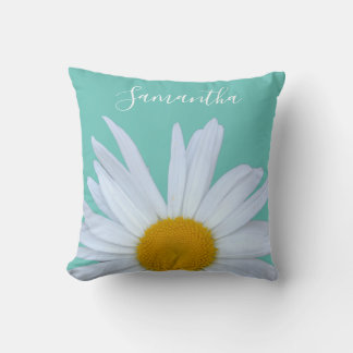 Daisy Photo Teal Green Elegant White Script Throw Pillow