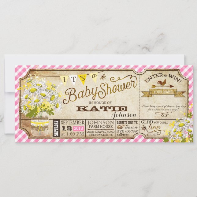 Daisy Picnic Pink Gingham Check Baby Shower Invitation (Front)