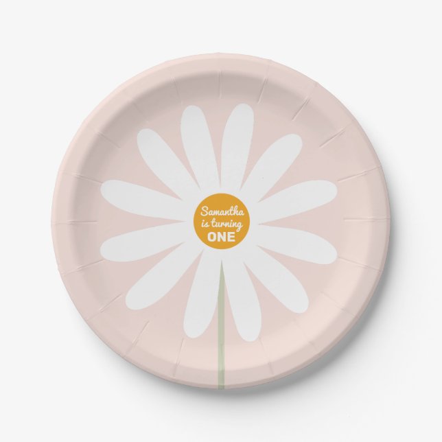Daisy pink Boho Girl 1st birthday Paper Plate (Front)