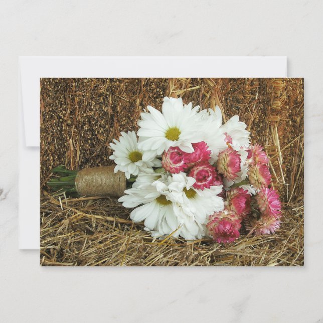 Daisy & Pink Bouquet & Hay - Country Barn Wedding Invitation (Front)