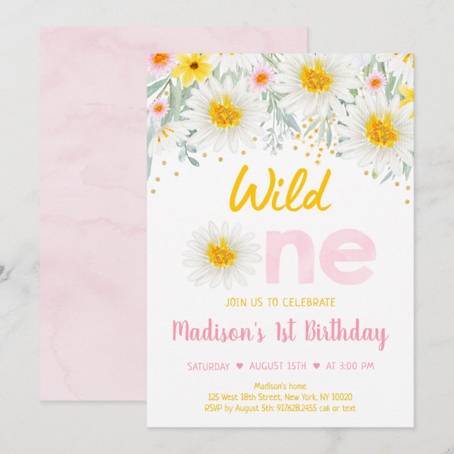 Daisy Pink Gold Wild One First Birthday Invitation (Front/Back)