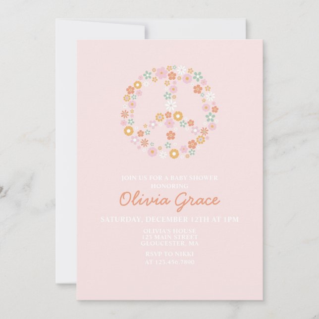 Daisy Pink Retro Peace Love Baby shower Invitation (Devant)