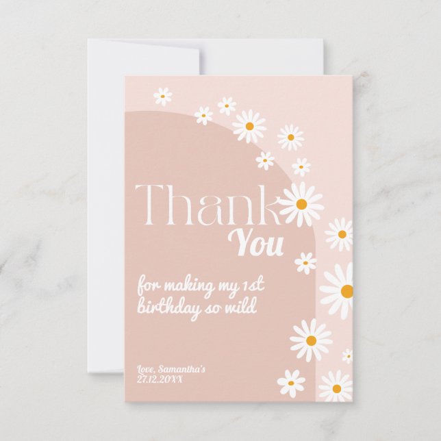 Daisy pink wild one Girl 1st Birthday Thank Thank You Card (Front)