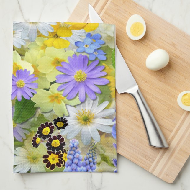Daisy ,Primrose, Daffodil Flowers Kitchen Towel (Quarter Fold)