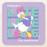Daisy "Probably Late" Retro Statement Graphic Square Paper Coaster<br><div class="desc">Own your fashionably late status with this chic and sassy Daisy Duck design! Perfectly capturing that "on-the-go" energy, this graphic features a stylish Daisy strutting through a bold, typographic background. The repetitive "LATE" motif in a stacked, 3D block-letter style creates a dynamic sense of movement and retro flair. The color...</div>