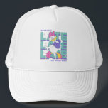 Daisy "Probably Late" Retro Statement Graphic Trucker Hat<br><div class="desc">Own your fashionably late status with this chic and sassy Daisy Duck design! Perfectly capturing that "on-the-go" energy, this graphic features a stylish Daisy strutting through a bold, typographic background. The repetitive "LATE" motif in a stacked, 3D block-letter style creates a dynamic sense of movement and retro flair. The color...</div>