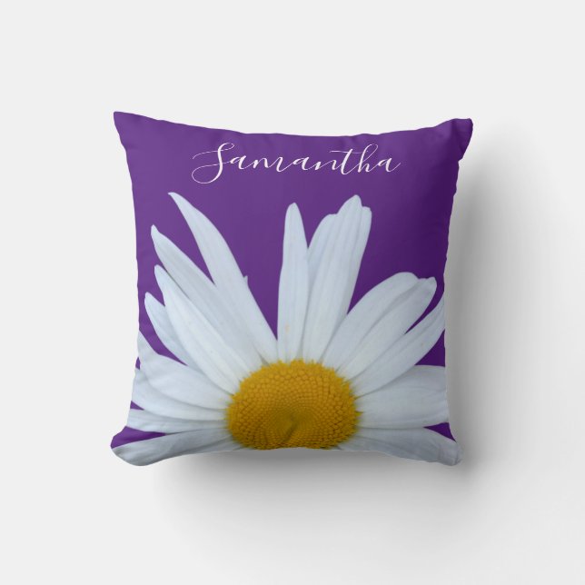 Daisy Purple White Script Throw Pillow (Front)
