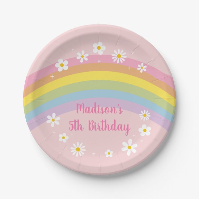 Daisy Rainbow Let's Party Retro Birthday Paper Plate (Front)