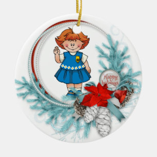 Daisy Red Hair Scout Blue Pine Wreath Ceramic Ornament
