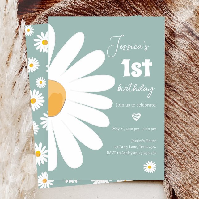 Daisy Retro Boho Party Dusty Blue First Birthday Invitation (Creator Uploaded)