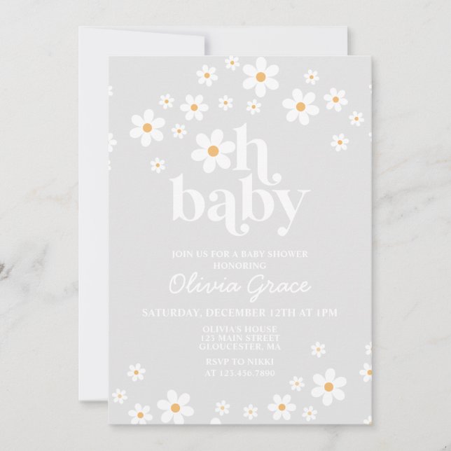 Daisy Retro Grey Floral Baby Shower Invitation (Front)