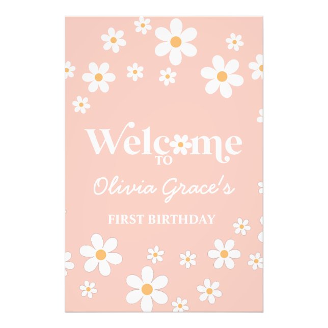 Daisy Retro Pink first birthday Welcome  Photo Print (Front)