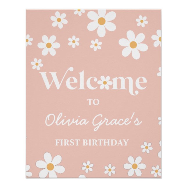 Daisy Retro Pink first birthday Welcome  Poster (Front)