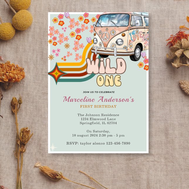 Daisy & Retro Van Floral Wild One 1st Birthday  Invitation (Creator Uploaded)
