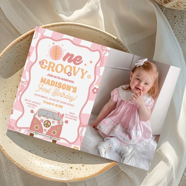 Daisy & Retro Van One Groovy 1st Birthday Photo Invitation (Creator Uploaded)